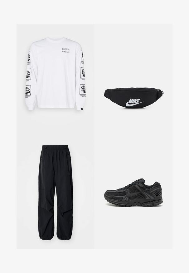 Fehér, hosszú ujjú pamut póló, fekete nyomott grafikákkal mindkét ujján és az elülső részén, bordázott mandzsettával.; Fekete, könnyű munkásnadrág elasztikus derékrésszel, oldalsó cipzárokkal és tágas zsebekkel. Lazán illeszkedik, és szűkülő bokákkal rendelkezik.; Fekete sportcipő, hálós felsőrésszel, gumitalppal és texturált részletekkel. A dizájn kiemelkedő fűzőrendszert és párnázott talpat tartalmaz.; Fekete nylon övtáska cipzáras záródással, nagy fehér Nike logóval. Simma textúra és ergonómikus kialakítás a kényelmes viselet érdekében.