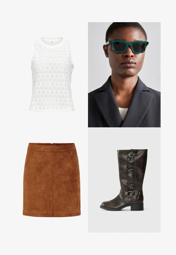 Top sin mangas blanco con tejido texturizado de patrones de diamante y pequeños ojales. Escote redondo y dobladillo recto.; Minifalda de ante marrón con una textura suave, corte recto y un discreto cierre de cremallera en la parte trasera. Presenta detalles de costura para darle estructura.; Botas altas de cuero marrón hasta la rodilla con múltiples hebillas, puntera redonda y tacón bajo y grueso. Presentan un acabado texturizado y correas ajustables.; Gafas de sol verdes y estampadas con un marco geométrico; lentes oscuros; el modelo lleva un blazer negro texturizado sobre una blusa clara.; Bolso de hombro sintético negro con una silueta curvada, acabado texturizado, logo triangular dorado y acentos de hardware desmontables.