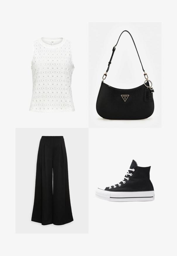 Hvid ærmeløs top med et tekstureret stof med diamantmønstre og små øjer. Rund udskæring og lige kant.; Bredde sorte bukser lavet af et blødt stof, med frontfolder og høj talje, som sikrer en svævende silhuet.; Højtop sort lærredssko med hvide øjetter, snørebånd og gummisål. Har en tekstureret tåhætte og sorte og hvide stribe-accenter.; Sort syntetisk skuldertaske med en buet silhuet, tekstureret overflade, gyldent trekantet logo og aftagelige hardware-detaljer.