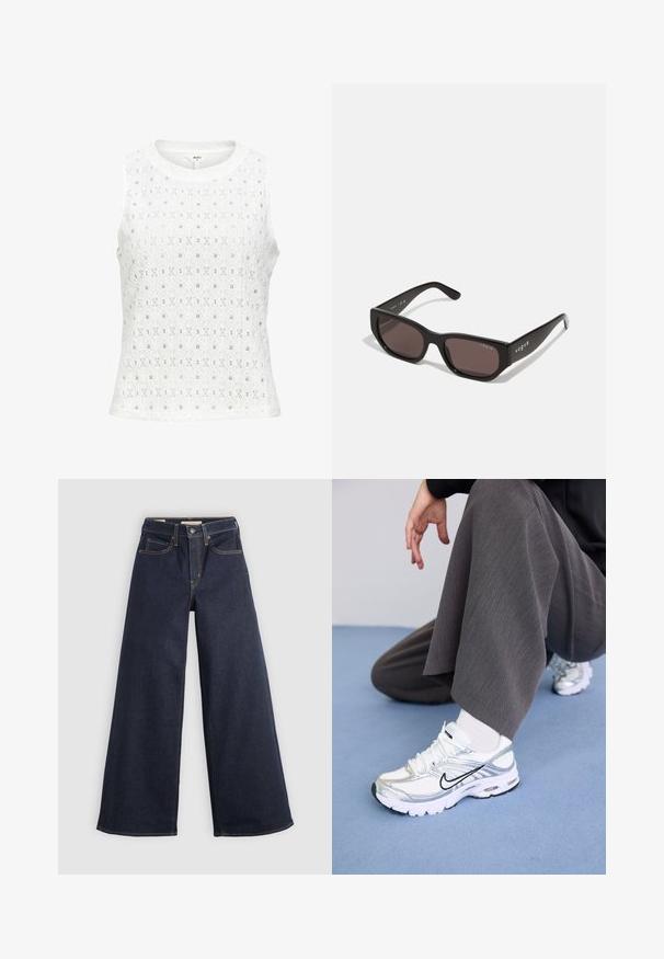 Witte mouwloze top met een gestructureerde stof met ruitpatronen en kleine gaatjes. Ronde halslijn en een rechte zoom.; Wijde denim jeans in donkerblauw met contrasterende stiksels. Bevat een traditionele vijf-pocketontwerp en een knoopsluiting in de taille.; Witte en zilveren sport schoenen van mesh en synthetische materialen, met zwarte accentlijnen, veters en gestructureerde zolen.; Zwarte rechthoekige zonnebril met donkere lenzen. Heeft een gladde kunststof montuur en logo-detail op de tempel. Strak, modern ontwerp.; Bordeaux handtas van synthetisch materiaal met een gestructureerd ontwerp, voorzien van een afneembare schouderband en een met bloemenpatroon versierde sjaal die aan het handvat is geknoopt.