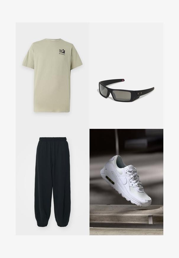 Camiseta de algodón de color verde oliva claro con mangas cortas, cuello redondo y un pequeño gráfico negro que presenta árboles y un sol en el pecho.; Pantalones de chándal negros con cintura elástica, de corte holgado, con puños en los tobillos, textura suave y sin patrones visibles ni acentos metálicos.; Zapatilla Nike Air Max 90 blanca con parte superior de malla y cuero, caja de puntera perforada y unidad de aire visible en el talón.; Gafas de sol negras con acabado mate, lentes rectangulares, ligera curvatura en las patillas, sutil detalle del logo y lentes ahumados.