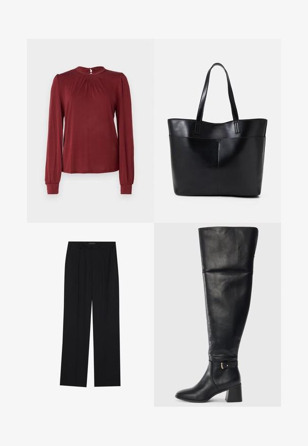 Bordo bluzica z dolgimi rokavi s visokim ovratnikom, nabrano spredaj in prilegajočimi manšetami. Narejena je iz gladkega, lahkega materiala.; Črne hlače s ravnim krojem, ki imajo dva sprednja žepa in pas. Narejene so iz gladkega, lahkega materiala.; Črne usnjene škornje do kolen z blok peto in okrasnim trakom z zlatim sponko nad gležnjem, stranski pogled na beli ozadju.; Črna usnjena torba z dvema dolgima ročajema, gladko teksturo in strukturirano obliko. Ima sprednji žep za dodatno shranjevanje.