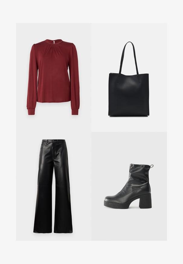 Bordo bluzica z dolgimi rokavi s visokim ovratnikom, nabrano spredaj in prilegajočimi manšetami. Narejena je iz gladkega, lahkega materiala.; Črne široke hlače iz umetnega usnja z visokim pasom, sprednjim gumbom, zadrgo, zanke za pas in stranskimi žepi na beli podlagi.; Črne gležnjarje iz gladke kože z božnim zadrgo, masivnim teksturiranim peto in zaobljeno obliko prstov.; Črna usnjena torba s svilnato teksturo, pravokotne oblike in dvema dolgima ročajema. Brez vidnih metalnih delov ali okrasnih elementov.