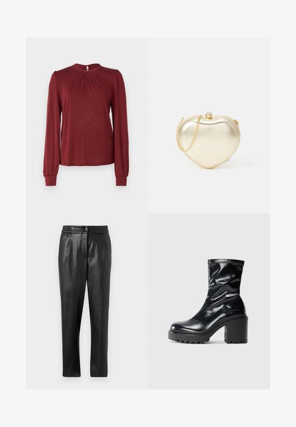 Bordo bluzica z dolgimi rokavi s visokim ovratnikom, nabrano spredaj in prilegajočimi manšetami. Narejena je iz gladkega, lahkega materiala.; Črne usnjene hlače z gladko teksturo, ravnim krojem, elastičnim pasom in sprednjim gumbom; nagubani detajli in zoženi nogi.; Črne usnjene škornje do sredine meč z masivnim blok podplatom in rebrastim podplatom, prikazane v profilu na enostavnem svetlem ozadju.; Zlato metalno torbico v obliki srca z verižnim ročajem in detajlom v bisernem zapiranju. Gladka tekstura, kompakten dizajn za majhne potrebščine.