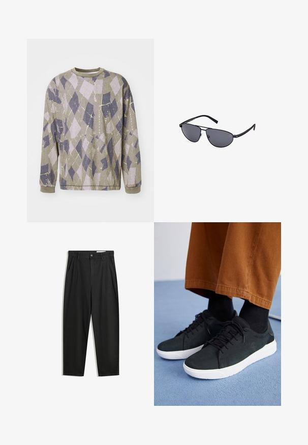 Długi rękaw sweatshirt z teksturowanej szarej tkaniny z geometrycznym wzorem rombów w jasnofioletowym i granatowym kolorze oraz metalicznymi żółtymi akcentami.; Czarne bawełniane spodnie o luźnym kroju, z klasycznym pasem, przednimi plisy oraz bocznymi kieszeniami. Gładka struktura, bez wzorów.; Czarne zamszowe trampki z białymi gumowymi podeszwami, z wiązaniem, teksturowanymi akcentami i subtelnym logo, w połączeniu z brązowymi spodniami.; Czarne okulary pilotki z szarymi soczewkami, cienkimi metalowymi oprawkami, zakrzywionym kształtem i silikonowymi noskami dla komfortu.