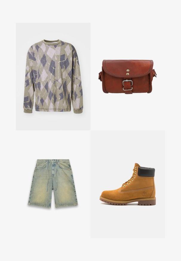 Pikendusega sviiter tekstuuriga hallist kangast, millel on geomeetriline teemantmuster heleda lillana ja tumesinisega, millel on metallik kollased aktsendid.; Heled sinise denimpüksid elastse nööriga vööl, ees taskud ja pleekinud tekstuur. Omab kergelt ebatasasust ja otse lõiget.; Küpset tan suede sääreboot musta pehmea kraega, kuldsed metallist silmad, valge õmblemise detailid ja robustne kummist tallaga, millel on väljendunud mustrid.; Pruun nahkine kott klapiga suletud, hõbedase riistvara kinnitusega ja kontrastsete õmbluste detailidega. Kompaktne ristkülikukujuline kuju sileda tekstuuriga.