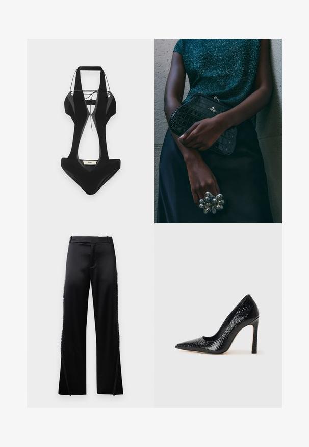 Schwarzer Badeanzug mit ausgeschnittenen Seiten, dicken Trägern und einem V-Ausschnitt-Design. Hergestellt aus glattem Stoff, mit einem markierten Etikett auf der Rückseite.; Schwarzes Satin-Hemd mit langen Ärmeln, hohem Kragen, tailliertem Schnitt und verstellbarem Kordelzug. Glatte Textur mit elegantem Finish.; Schwarze Satin-Hosen mit weitem Bein, die Fransenverzierungen entlang der Seitennähte und einen flachen, elastischen Bund haben. Rückseite schlicht ohne Taschen.; Schwarzer, spitz zulaufender High Heel mit Krokodilleder-Struktur, elegantem Design, hohem Stiletto-Absatz und glattem schwarzen Innenraum.; Schwarze Clutch-Tasche im Kroko-Design mit silbernen Beschlägen, vor einem strukturierten grauen Hintergrund gehalten. Verfügt über eine glänzende Oberfläche.