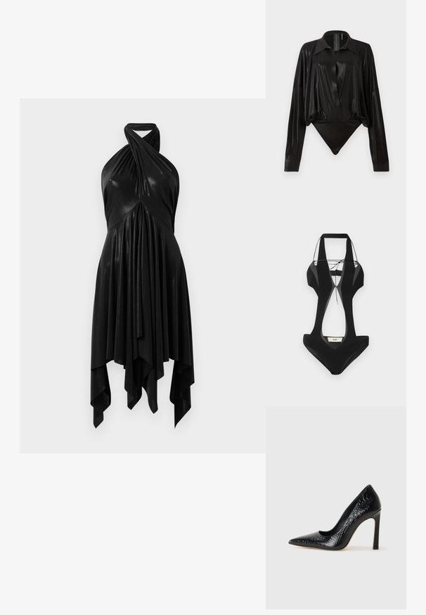 Musta uimapuku, jossa on leikattuja sivuja, paksut olkaimet ja V-pääntie. Valmistettu sileästä kankaasta, jossa on merkkilogo takana.; Musta catsuit pitkillä hihoilla, V-pääntiellä ja tiukalla siluetilla. Valmistettu kiiltävästä, sileästä kankaasta, jossa on jämäkkä kaulus ja hihansuut.; Musta halterneck-mekko, jossa on drapeerattu muotoilu. Valmistettu kiiltävästä materiaalista, jossa on kierretty kaula-aukko ja epäsymmetrinen helma. Sujuva tekstuuri.; Musta kapea nilkkakorkokenkä krokotiilin nahkakuviolla, joka on varustettu tyylikkäällä muotoilulla, korkealla stiletto-korkealla ja sileällä mustalla sisäosalla.; Musta käsilaukku, jossa on niittikoristeet, ketjuhihna ja sileä nahkakahva, pyöreä muoto ja vetoketjullinen osasto.