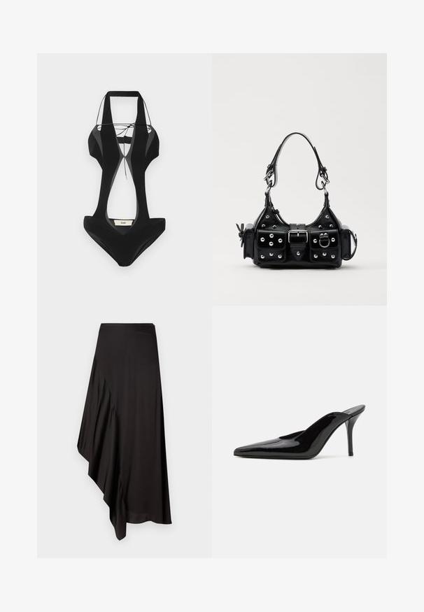 Maillot de bain noir avec des découpes sur les côtés, des bretelles larges et un décolleté en V. Fabriqué en tissu lisse, il présente une étiquette de marque au dos.; AERON ASTER SKIRT - Jupe crayon - black; Mule en cuir verni noir à talon haut avec un bout pointu et une silhouette épurée, doté d'un dos ouvert et d'un talon aigu slender.; Sac à main en cuir noir au design courbé, avec des clous en argent, une boucle et deux poches latérales. Bandoulière réglable pour différentes options de transport.