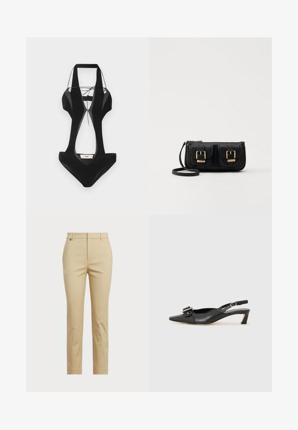 Black swimsuit with cut-out sides, thick straps, and a v-neck design. Made of smooth fabric, featuring a branded label at the back.; Beige trousers with a straight-leg design. Made from smooth fabric, featuring a standard waistband and subtle side seams.; Black leather slingback shoe with pointed toe, small heel, and decorative buckle detail on the upper. Smooth texture, minimalistic design.; Black leather crossbody bag with two front pockets, gold buckles, zipper closure, and a slim strap. Textured surface and compact rectangular shape.