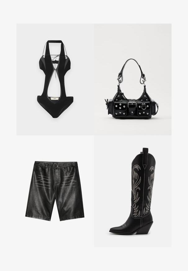 Crni kupaći kostim s izrezom sa strane, debelim naramenicama i dizajnom u obliku slova V. Izrađen od glatkog materijala, s brendiranim etiketom na leđima.; Crne kratke hlače od umjetne kože s glatkom teksturom, pet džepova i suptilnim prugastim detaljima sprijeda. Klasični ravni kroj.; Crne kožne kauboj čizme s šiljastim prstima, klinastim potpeticama i srebrnim izvezenim cvjetnim uzorcima duž osovine. Kontrastni šavovi posvuda.; Crna kožna torba s zakrivljenim dizajnom, koja sadrži srebrne zakovice, kopču i dva bočna džepa. Podesiva traka za različite opcije nošenja.