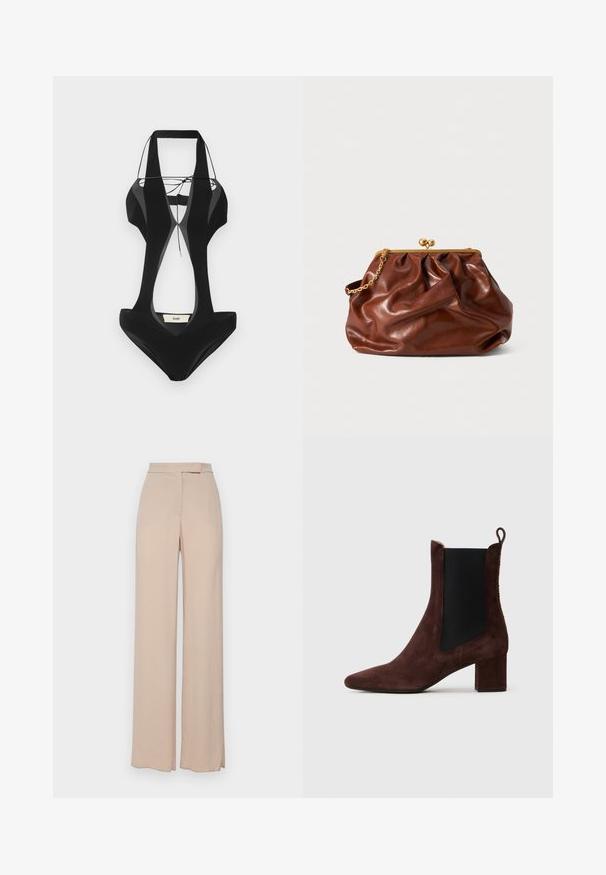 Czarny strój kąpielowy z wycięciami po bokach, grubymi ramiączkami i dekoltem w serek. Wykonany z gładkiego materiału, z metką marki z tyłu.; Beżowe spodnie o szerokich nogawkach wykonane z lekkiego materiału. Charakteryzują się gładką teksturą, praktycznymi kieszeniami z przodu oraz subtelnym paskiem w talii.; Ciemnobrązowy zamszowy botek za kostkę z blokowym obcasem, czarną elastyczną wstawką po bokach i pętelką z tyłu na jasnym tle.; Brązowa skórzana torebka typu kopertówka z złotą klapą i krótkim złotym łańcuszkiem, o miękkiej, marszczonej fakturze na białym tle.