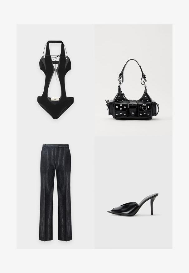Must rehviga must ujumiskostüüm lõikega külgedel, paksude sangade ja v-dekolteega. Valmistatud siledast kangast, millel on tagaküljel brändi silt.; Tumed ribaadega püksid, millel on laiad sääred, valmistatud tekstureeritud kangast, kus on vertikaalsed hõbedased peened triibud. Sile esipind ja vöökohas vöökoharead.; Mustad nahast kõrge kontsaga mulad avatud varbaga, terava disainiga, siledapinnalised ja kitsaste stilettokontsadega.; Must värvi nahast käekott, millel on kaarjas disain, hõbedased nupukesed, kinnitusahe ja kaks külgtaskut. Reguleeritav rihm erinevate kandmisvõimaluste jaoks.
