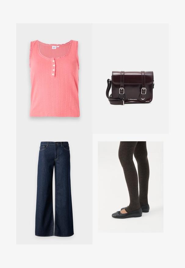Lyserød, ærmeløs tanktop med et struktureret vertikalt stribemønster, en rund halsudskæring og en række af fem knapdetaljer.; Bredde ben jeans i mørkeblå denim. Har kontrastsyninger, fem lommer og en knaplukning i taljen. Glat tekstur.; Sorte flade sko med en lille sløjfedetalje ved tåen, parret med mørkebrune ribbede strømpebukser. Skoene har en glat overflade og lav profil.; Burgunderfarvet patentlæder crossover taske med rektangulær form, to remme, sølv hardware og flaplukning.