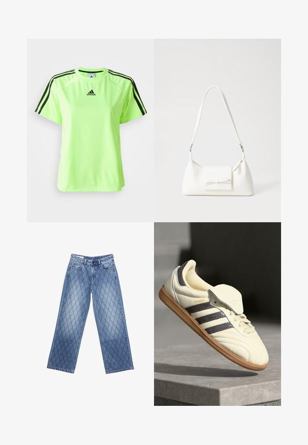 Neon zelena športna majica iz tkanine, ki odvaja vlago. Ima črno trojno črtasto zasnovo na ramenih in logotip centriran na prsih.; Široke denim hlače v svetlo modri barvi z izbito rombasto teksturo, ki imajo pet žepov in gumbasto zapiranje na pasu.; Kremne usnjene superge s tremi temnimi črtami, rjavim gumjastim podplatom in zaobljenim nosom. Imajo zložljiv jezik z oznako "SAMBA."; Bela sintetična torbica v obliki trikotnika, z ravnim sprednjim poklopcem in detajlom mašne, nastavljivim trakom, gladko teksturo in minimalističnim dizajnom.