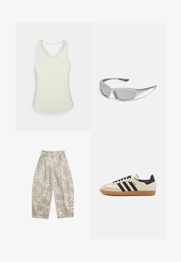 Svetlozelený športový tielko s okrúhlym výstrihom a dizajnom s prešívaným chrbtom. Vyrobené z hladkej elastickej tkaniny. Bez viditeľných vzorov alebo akcentov.; Nohavice s leopardím vzorom v svetlo béžovej farbe s vysokým pásom, širokými nohami a dvoma prednými vreckami. Vyrobené z hladkej tkaniny.; Béžová športová obuv s čiernymi pruhmi, gumovou podošvou a čiernymi akcentami. Má hladký kožený zvršok a zaoblený dizajn prstov.; Sivé slnečné okuliare so štíhlým, ľahkým plastovým rámom. Obsahujú tónované sivé šošovky a textúrované bočné detaily pre lepšiu priľnavosť.; Čierna a strieborná taška adidas s hladkým povrchom, s lesklým nitovaným vzorom a výrazným zakriveným dizajnom.