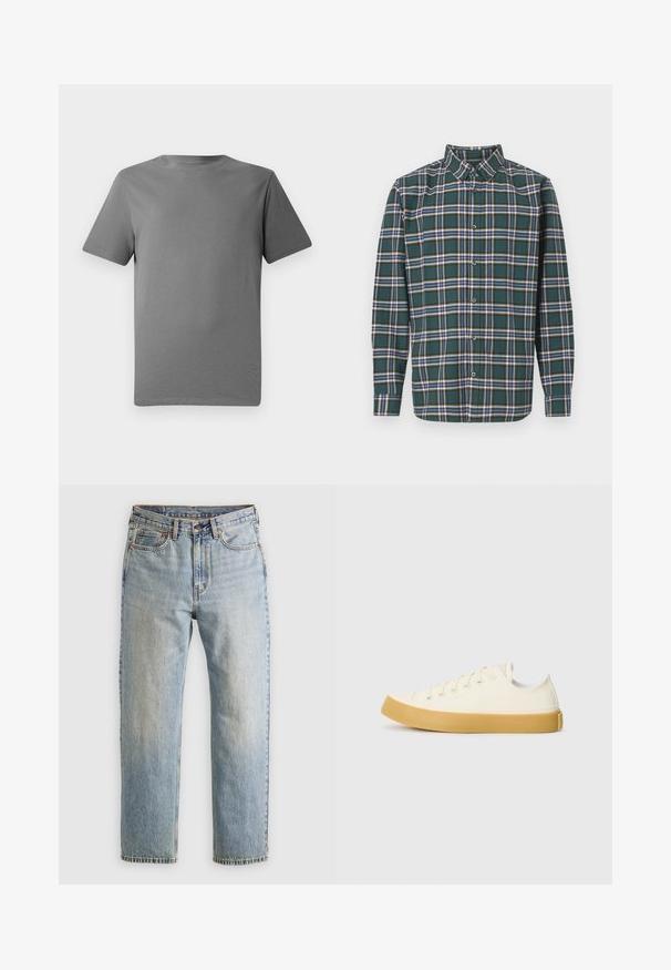 Šedé tričko s krótkým rukávom vyrobené z jemnej bavlny, s okrúhlym výstrihom, hladkou textúrou a bez viditeľných vzorov alebo akcentov.; Zelená flanelová košeľa s károvaným vzorom, ktorá obsahuje modré, biele a horčicovo žlté pruhy. Zapínanie na gombíky vpredu a špičatý golier. Dlhé rukávy.; Svetlomodré džínsy s vysokým pásom, predným gombíkom, zipsom a dizajnom s piatimi vreckami, rozložené na neutrálnom pozadí.; Plátne tenisky v off-white farbe s okrúhlym špičkou, s béžovými gumovými podrážkami a piatimi dierkami na šnúrky, textúrovaný povrch na hornej časti.