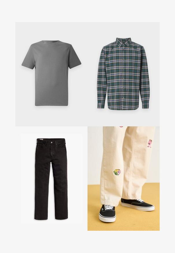 Gray short-sleeve t-shirt made of soft cotton, featuring a crew neck, smooth texture, and no visible patterns or accents.; Green flannel shirt with a plaid pattern featuring blue, white, and mustard yellow lines. Buttoned front and pointed collar. Long sleeves.; Black straight-leg denim jeans with five pockets, button closure, and belt loops, laid flat on a white background.; Beige cotton pants with playful embroidered designs including a pink character and colored block, paired with black lace-up sneakers.