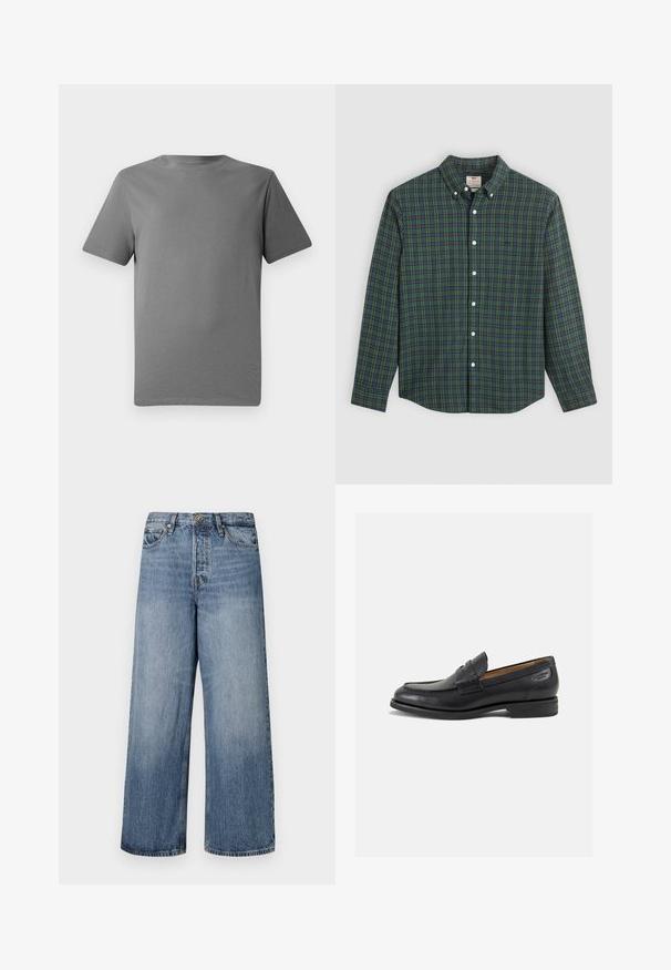 Hallideh hallidega lühikeste varrukatega t-särk, mis on valmistatud pehmest puuvillast. Särgil on ümmargune kaelus, sile tekstuur ning nähtavaid mustreid ega aksessuaare ei ole.; Pikend varrukatega nööbiga särk rohelise, sinise ja kollase ruudulise mustriga, valged nööbid ja nööbitud krae.; Laia siniste denimpükse, millel on pleekinud pesu, viie tasku disain ja nööbi sulgemine. Varustatud vööde jaoks silmadega ja õmblustega detailidega.; Mustad mustad nahast loafers, sujuva viimistlusega, ümar sirge ja dekoratiivne tikand peal. Madal ja kergelt kuhjatud konts ning kerge läige.