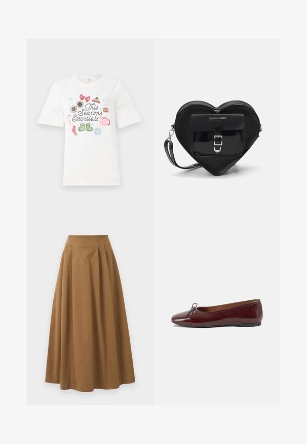 Witte T-shirt met korte mouwen met een kleurrijk ontwerp en de tekst "Essentials van dit seizoen" en verschillende seizoensgebonden illustraties, waaronder bloemen en cadeaus.; Bruine katoen A-lijn rok met een hoge taille, voorzien van plooien aan de voorkant en een gladde textuur. De zoomafwerking is schoon en eenvoudig.; Bordeaux gepatenteerd lederen ballerina met een ronde neus, een klein strikaccent aan de voorkant en een lage, zwarte rubberen zool. Glad textuur.; Zwarte hartvormige tas van patenta leder met een voorvak met een gesp-sluiting en een afneembare schouderriem. Accenten van zilver hardware.