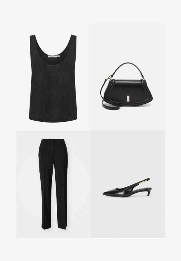 Crna bezrukavna majica od lagane, teksturirane tkanine. Ima okrugli izrez i opušten kroj. Bez vidljivih uzoraka ili akcenata.; Crne krojene hlače ravnog kroja, s glatkom teksturom i oštrim pregibima naprijed. Bez vidljivih metalnih dijelova.; Crne kožne sandale s petom, s izduženim vrhom, imaju usku petu i zlatni akcent na podesivoj traci. Glatka tekstura.; Crna kožna torba s strukturiranim dizajnom, s krojenim oblikom, gornjom drškom i zlatnim detaljima. Uključena je podesiva ramena traka.