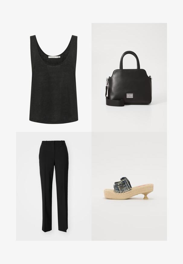 Melna bez piedurknēm topa blūze, izgatavota no viegla, teksturēta auduma. Tai ir noapaļota kakla izgriezuma forma un brīva piegriezuma. Nav redzamu rakstu vai akcents.; Melnas pielāgotas bikses ar taisnu kāju dizainu, kas raksturojas ar gludu faktūru un asiem krokām pa priekšu. Nav redzamu metāla detaļu.; Denima slīdošas sandales ar austo platformu un mazu papēdi. Izceļas ar dekoratīvo šuvju un metalizētu akcentu uz augšējā siksniņa.; Melna sintētiska soma ar augšējiem rokturiem, noņemamu plecu siksniņu, apaļu formu, gludu tekstūru un sudraba logotipa akcentu priekšpusē.