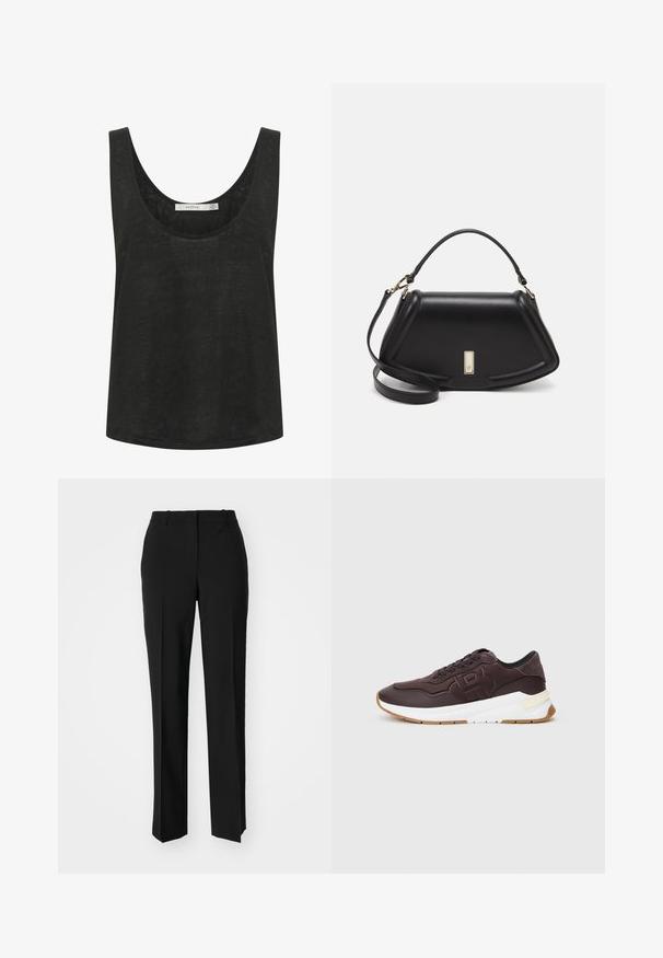 Juodas be rankovių marškinėlis, pagamintas iš lengvos, tekstūruotos medžiagos. Turi apvalų iškirpimą ir laisvą siluetą. Be matomų raštų ar akcentų.; Juodi pritaikyti kelnių modeliai su tiesiomis kojomis, pasižyminčios lygiomis tekstūromis ir ryškiomis klostėmis priekyje. Nėra matomų detalių.; Tamsiai rudos sportbačiai su juodu apvadu, iškilusiu logotipu šone, balta stora padu ir guminėmis apatinėmis dalimis ant vienspalvio fono.; Juoda odinė rankinė su struktūrizuotu dizainu, turi trumpą formą, viršutinę rankeną ir auksinius akcentus. Pridėtas reguliuojamas peties diržas.