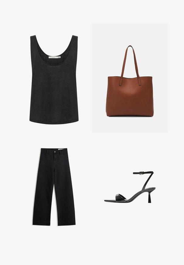 Sort ærmeløs tanktop lavet af et let, tekstureret stof. Har en rund halsudskæring og en afslappet pasform. Ingen synlige mønstre eller accenter.; Sorte wide-leg denim bukser med høj talje, der har front- og baglommer, syede sømme og en knaplukning. Glat tekstur.; Bershka Højhælede sandaletter / Højhælede sandaler - black; Brun læder tote taske med en glat overflade, åben topdesign og to skulderremme. Har minimal syning og ingen synlig hardware.