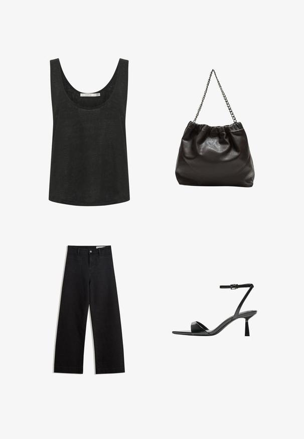 Schwarzes ärmelloses Tanktop aus einem leichten, strukturierten Stoff. Mit einem runden Ausschnitt und einer lockeren Passform. Keine sichtbaren Muster oder Akzente.; Schwarze weit geschnittene Jeans mit hoher Taille, ausgestattet mit Vorder- und Hintertaschen, gesteppten Nähten und einem Knopfverschluss. Glatte Textur.; Bershka High Heel Sandalette - black; Braune Lederhandtasche mit gerafftem Oberteil und Kettenriemen. Glatte Textur mit glänzendem Finish und subtilen Nahtdetails an den Seiten.