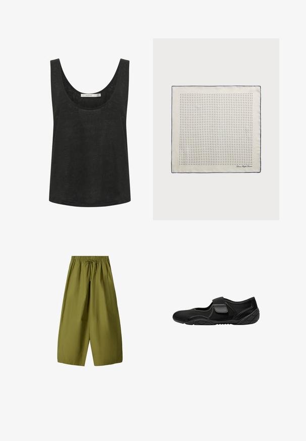 Sort ærmeløs tanktop lavet af et let, tekstureret stof. Har en rund halsudskæring og en afslappet pasform. Ingen synlige mønstre eller accenter.; Olivenfarvede, vide bukser med elastisk talje og snøre. Lavet af letvægtsstof, der har to sidelommer.; Sort sko med et stofoverdel og mesh-paneler, udstyret med en velcrorem. Sålens teksturerede mønster giver godt greb.; Selsjal i cremefarve med en marineblå kant, der har jævnt fordelte marineblå prikker, som danner et mønster. Signatur trykt i hjørnet.; Grøn faux læder skuldertaske med en buet form, justerbar rem og en glat tekstur. Har en åbning for oven og minimal syning.