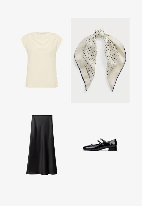 Cream-colored top with a loose fit, short rolled sleeves, and a draped neckline. Soft, smooth fabric with a subtle sheen.; Black satin skirt with a smooth texture, A-line silhouette, and mid-length design. Features a seamless waistband and a fluid drape.; Black patent leather Mary Jane shoes with a low block heel, double strap design, and circular metal buckles. Smooth, shiny texture.; Silk scarf featuring a cream background with navy polka dots, tied at the center; navy border; includes text "Lauren Ralph Lauren."; Cream leather handbag with a crescent shape, gold hardware, black accents, and a removable strap. Features a chain detail and tag.