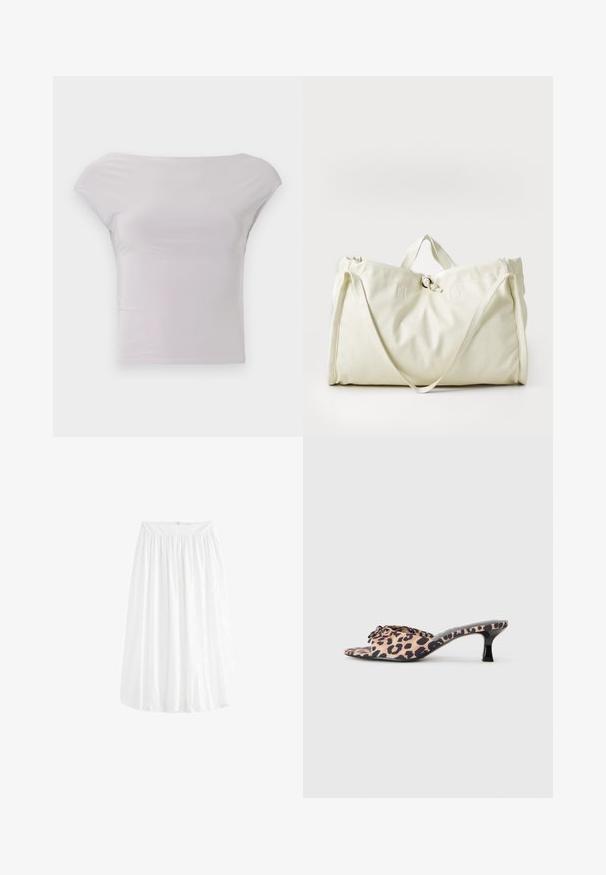 Kergelt hallist värvitud sobituv off-the-shoulder topp, mis on valmistatud siledast ja venivast kangast. Minimalistlik disain lühikeste, cap-sleeve varrukatega ja voolujooneline siluett.; Valge, põlveni ulatuv seelik, mis on varustatud kogutud elastse vöökohtaga ja voolava disainiga. Valmistatud kergetest kangast, millel on sile tekstuur.; Leopardimustriga mules madala musta stiletto kontsaga. Pehme kangast pealispind, millel on ees sõlm detail ja sile, lame tall.; Valge sünteetiline kott pehme tekstuuriga, millel on kaks ülemist käepidet, keskmine stringiga sulgemine ja minimalismist inspireeritud õmblused.