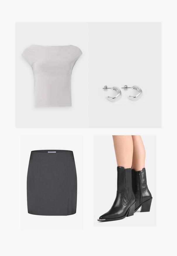 Bluză mulată, cu umerii descoperiți, de culoare gri deschis, fabricată dintr-un material neted și elastic. Design minimalist, cu mâneci scurte tip cap și o siluetă elegantă.; Envii SPLIT - Fustă tip creion - grey; Botine cowboy din piele neagră, până la jumătatea gambei, cu vârful ascuțit, toc răsturnat, fermoar pe lateral și cusături decorative, purtate pe picioare goale.; Cercei rotunzi din argint cu o finisare netedă și lustruită. Formă rotundă cu un design ușor curbat și margini armonizate. Închidere cu pini.