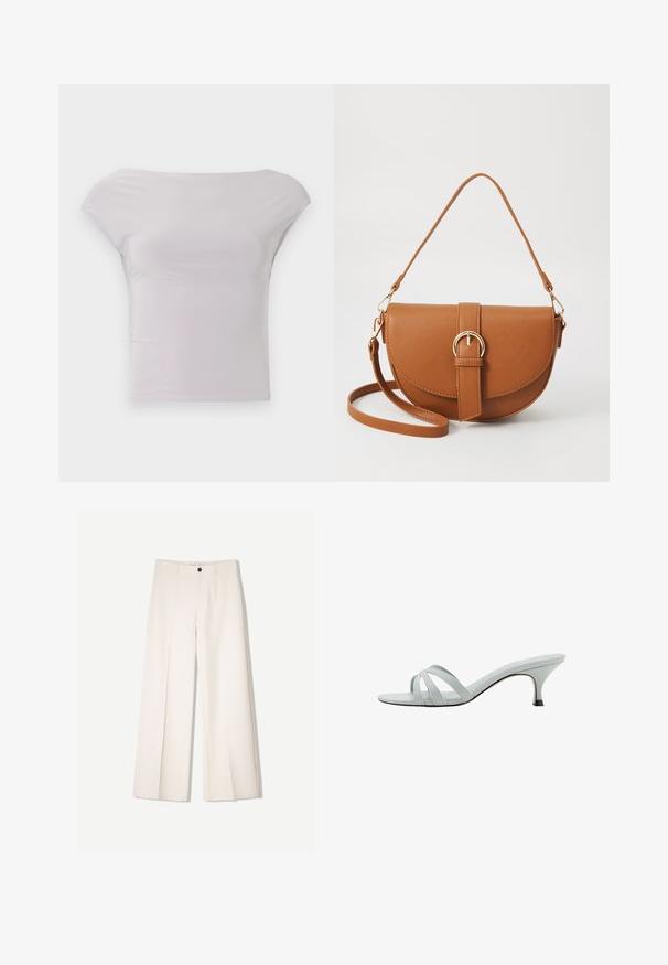 Sopiva, olkapäiltä avattu paita vaaleanharmaana, valmistettu sileästä, joustavasta kankaasta. Minimalistinen muotoilu, jossa on lyhyet hihat ja sulava siluetti.; Kerman leveletut housut räätälöidyllä designilla, joissa on kaksi etutaskua ja yksi etunapituksilla, valmistettu sileästä kankaasta.; Vaaleanharmaat korkokengät, joissa on kolme ristikkäistä hihnaa, hoikka profiili ja kapeat korot. Sujuva pinta, jossa on hieman kiiltävä viimeistely.; Ruskean nahkainen olkalaukku, jossa on kaareva muoto, kultaiset yksityiskohdat ja solkiyksityiskohta. Varustettu irrotettavalla olkahihnalla.