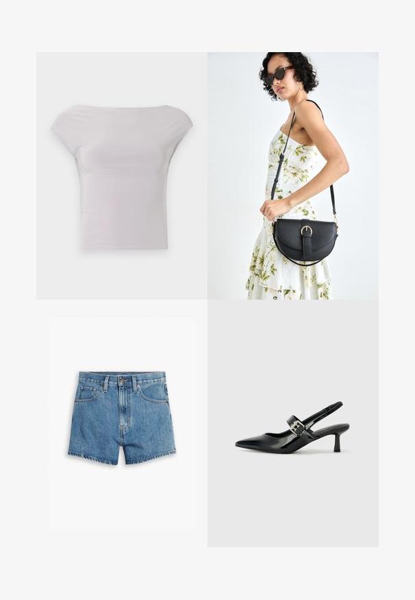 Top ajustado, con los hombros al descubierto, en gris claro, hecho de un tejido suave y elástico. Diseño minimalista con mangas cortas y un escote elegante.; Pantalones cortos de denim en azul claro, con cinco bolsillos, cremallera y cierre de botón. El dobladillo está deshilachado y tiene un diseño de ajuste relajado.; Zapatos de tacón en charol negro con tira al tobillo, punta afilada y un pequeño tacón bloque, que cuentan con un acento de hebilla plateada en la correa.; Bolso de piel negra con forma curva, correa desmontable y herrajes dorados. El bolso cuenta con una solapa con un detalle de hebilla.