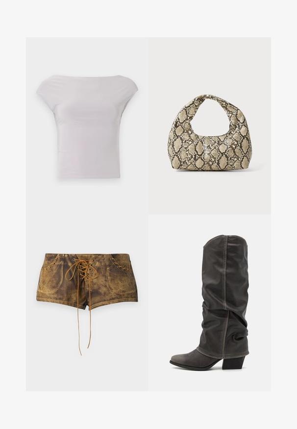 Feszes, vállról lekötött felső világosszürke színben, sima, rugalmas anyagból készült. Minimalista dizájn, rövid, kis ujjakkal és keskeny sziluettel.; Barna, fűzős sort, textúrált felülettel és kontrasztos bézs fűzőkkel. Fémlyukakkal és testhezálló fazonnal rendelkezik, amely a szoros megjelenés érdekében készült.; Szürke bőr, térdig érő csizmák, amelyek laza kialakításúak, hegyes orrúak és tornácos sarkúak. Figyelemre méltó varrási részlet az orr részén.; Kígyómintás kézitáska ívelt fogantyúval. Texturált, bézs és barna anyagból készült, jellegzetes gyémántmintával.