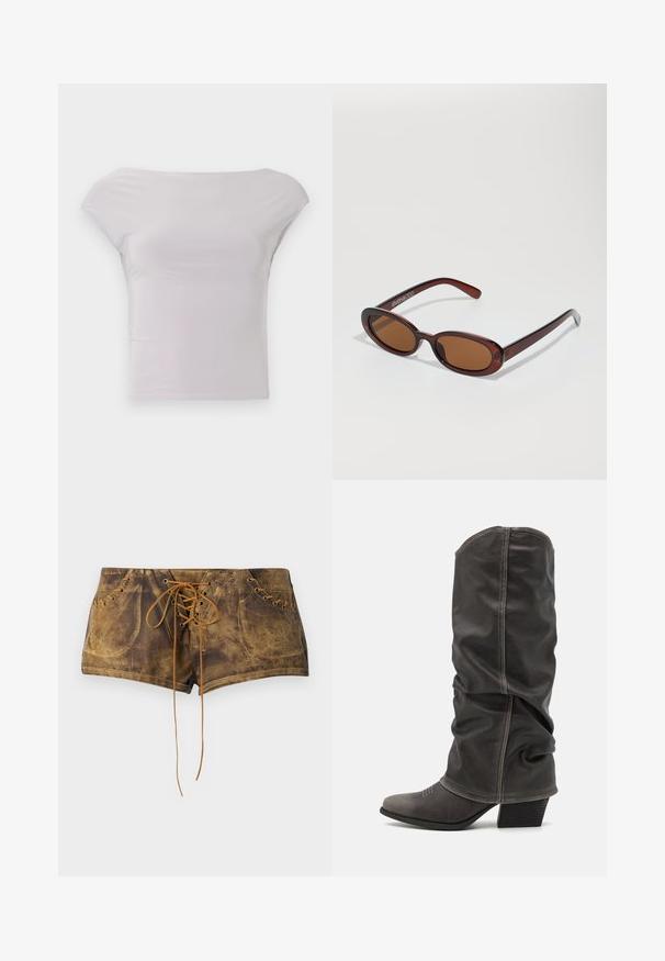 Aansluitend, off-the-shoulder top in lichtgrijs, gemaakt van een gladde, elastische stof. Minimalistisch ontwerp met korte kapmouwen en een strakke silhouet.; Bruine vetershorts met een gestructureerd oppervlak en contrasterende tan veters. Voorzien van oogjes en een aansluitend ontwerp voor een snug uiterlijk.; Grijze leren laarzen tot de kuit met een slouchy ontwerp, spitse neus en gestapelde hak. Opmerkelijke stikdetails op het neusstuk.; Ronde, bruin getinte zonnebril met een glanzend bordeauxrood frame. Slanke pootjes met subtiele merkdetails. Vlakke lensontwerp.; Slangpatroon handtas met een gebogen handvat. Gemaakt van gestructureerde, beige en bruine materialen, met een kenmerkend ruitpatroon.