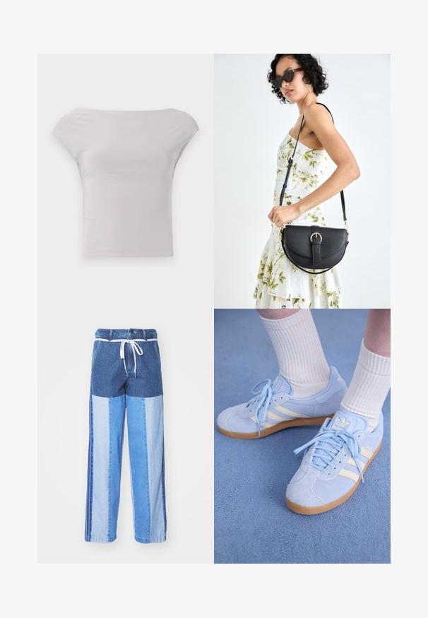 Feszes, vállról lekötött felső világosszürke színben, sima, rugalmas anyagból készült. Minimalista dizájn, rövid, kis ujjakkal és keskeny sziluettel.; Kék farmernadrág, foltvarrásos dizájnnal, különböző árnyalatú kékekből, húzózsinóros derékkal és laza, egyenes szabású lábakkal.; Világoskék velúr sportcipők fehér csíkokkal, lapos fűzőkkel és gumi talppal. Domború fehér zoknik vannak viselve a boka felett.; Fekete bőrtáska ívelt formával, levehető pánttal és arany színű fémrészekkel. A táskán egy csattal díszített fedél található.