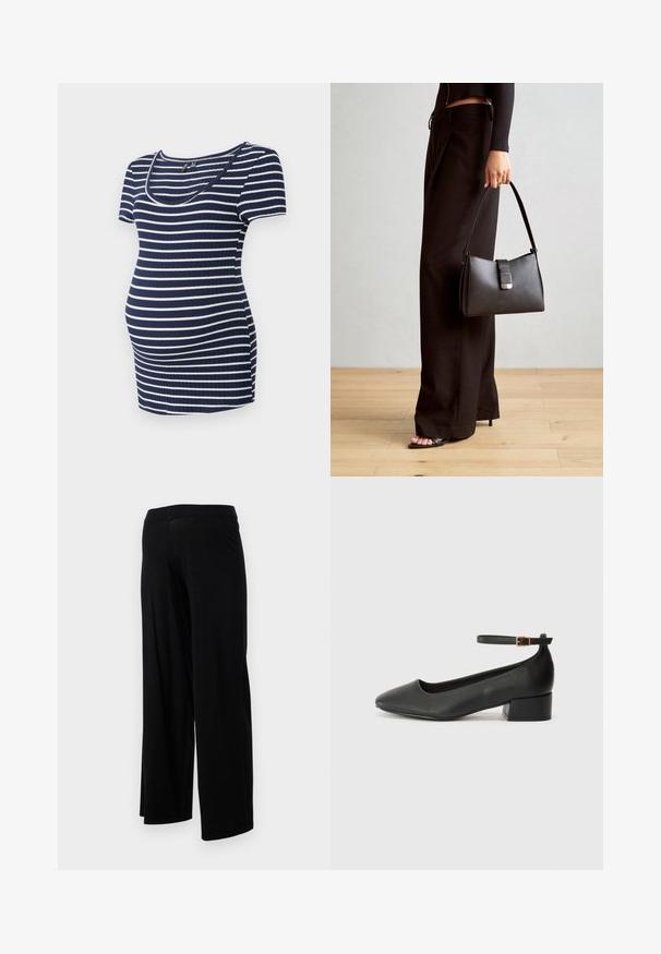 Top de maternidade listrado em azul-marinho e branco, com mangas curtas, decote redondo, textura em canelado, ajustado ao corpo com espaço extra para uma barriga em crescimento.; Calças largas pretas com uma cintura elástica e uma textura suave e elástica. Apresenta um design simples, sem padrões ou adornos.; Sandal de pele preta com bico pontiagudo e um salto bloco baixo. Apresenta uma tira no tornozelo com uma fivela em tom dourado. Textura suave.; Bolsa preta com forma estruturada, textura suave e um fecho metálico. Combinada com calças largas pretas e sandálias de salto aberto sobre um chão de madeira.