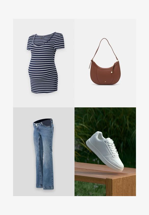 Jūros jėgainės ir baltos dryžuotos nėštuminės marškinėliai, trumpomis rankovėmis, apvaliu kaklu, su rausvais raštais, priglundantys prie kūno su papildomu laisvumu augančiai pilvui.; Šviesiai mėlynos džinsinės kelnės su išsiplėtusiais kojų dizainu, turinčios tamsų juosmenį ir penkių kišenių stilių, baigtos matomu siūlių apdailiniu.; Balti sneakeriai su lygia sintetine viršutine dalimi, perforuota pirštų zona, plokščiomis raištelėmis ir tekstūruotu padu, padėti ant medinės paviršiaus.; Ruda dirbtinės odos petinė piniginė su kreiva forma, minimalia siuvimo linija ir auksinės spalvos įranga. Yra užtrauktuko uždarymas viršuje ir reguliuojama petneša.