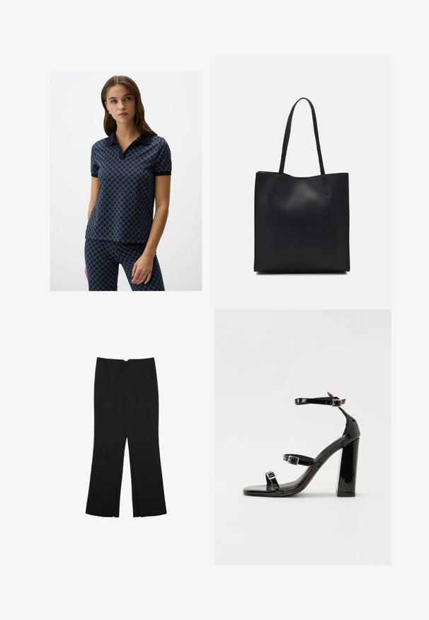 Granatowa koszulka polo z wzorzystym wzorem, krótki rękaw i ciemny kołnierzyk; w zestawie z pasującymi wzorzystymi spodniami. Gładka tekstura, luźny krój.; Czarne spodnie o prostym kroju, z przednimi kieszeniami i bocznymi rozcięciami na dole. Wykonane z miękkiego, gładkiego materiału. Odpowiednie na różne okazje.; Czarne lakierowane sandały na obcasie z kwadratowym noskiem, z paskami wokół kostki i srebrnymi klamrami. Posiadają masywny słupek dla stabilności.; Czarna skórzana torba tote o gładkiej fakturze, prostokątnym kształcie i dwóch długich uchwytach. Brak widocznych elementów metalowych i ozdób.