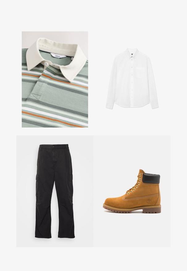 Poloshirt mit einem cremefarbenen Kragen, der grüne und graue Streifen, einen orangefarbenen Akzent und zwei Knöpfe nahe einem V-Ausschnitt auf weichem Stoff aufweist.; Weißes Langarm-Hemd mit Knopfleiste, Kragen, einer Brusttasche und dezentem Texturmuster. Die Knopfleiste auf der Vorderseite ist mit Knöpfen und einem kleinen Logodetail versehen.; Schwarze Cargo-Hose mit geradem Bein, ausgestattet mit zwei Seitentaschen, einem Knopfverschluss und einem strukturierten Stoff.; Beige Wildleder-Ankle-Boot mit schwarzem gepolstertem Kragen, goldenen Metallösen, weißen Nähdetalben und einer robusten Gummisohle mit ausgeprägtem Profil.