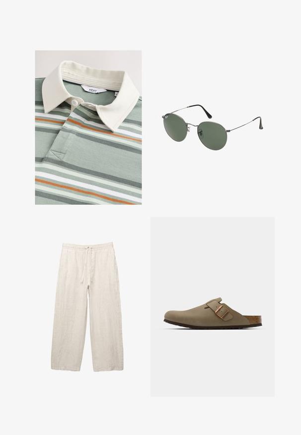 Maglietta polo con colletto color crema, caratterizzata da strisce verdi e grigie, accento arancione e due bottoni vicino a un design a scollo a v su un tessuto morbido.; Pantaloni in lino di colore beige chiaro, con una vita elastica e cordoncino, design a gamba larga e tasche laterali. Texture liscia.; Zoccoli marroni con una finitura liscia opaca. Presentano una borsa in bronzo prominente sul lato. Sottopiede in sughero e suola in gomma per il comfort.; Occhiali da sole con montatura in metallo e lenti verdi ovali. Montatura sottile in metallo argento e terminali neri. Design minimalista, senza loghi visibili.