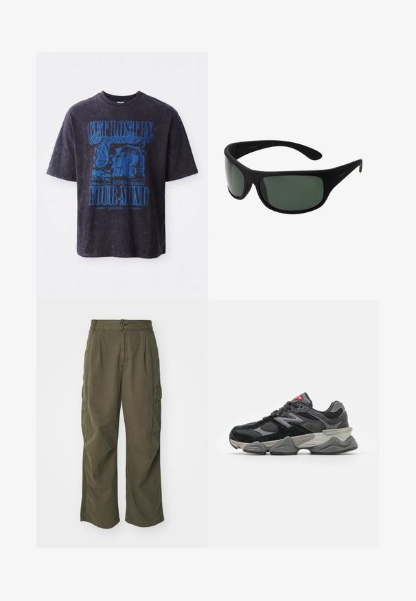 Black oversized t-shirt featuring a blue graphic print with text and imagery, made from cotton with a washed texture and crew neckline.; Cargo pants in olive green, made of cotton, with a wide leg design, pleats, and side pockets for utility.; Black and gray sneaker with a mix of suede and mesh materials, thick sole, prominent logo, and red accent on the tongue.; Black wraparound sunglasses with dark green lenses. Matte finish, curved design, with straight arms and subtle branding on the side.