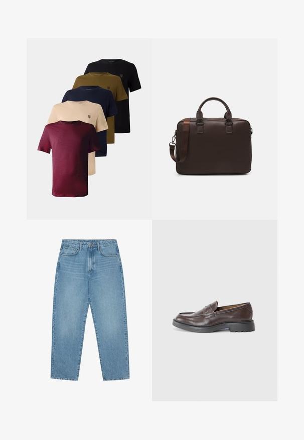 Cinque t-shirt a maniche corte esposte in rosso, beige, blu navy, verde oliva e nero, caratterizzate da un colletto rotondo e un piccolo logo sul petto.; Jeans in denim azzurro chiaro con taglio a gamba dritta, design a cinque tasche e una texture leggermente slavata. Presentano una chiusura con bottone e zip.; Mocassini in pelle marrone con finitura liscia, punta arrotondata, cuciture minime e suola spessa in gomma nera. Nessun hardware o accenti visibili.; Borsa per laptop in pelle marrone con superficie texturizzata, doppi manici superiori, cinturino regolabile e due fibbie frontali per un tocco di originalità.