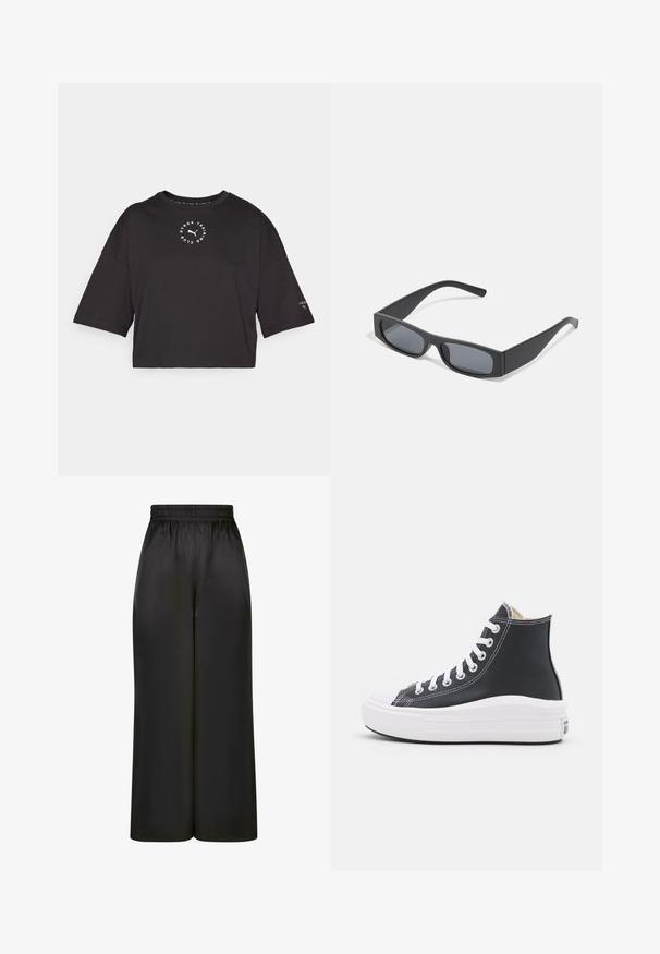 Juodas trumpas marškinėliai su didelėmis rankovėmis. Priekyje yra apvalus baltas logotipas ir mažos detalės ant rankovės. Pagaminta iš medvilnės mišinio.; Juodos plačios kelnės, pagamintos iš lygaus, blizgaus audinio, su elastinga juosmens juosta ir be matomų kišenių ar aparatūros detalių.; Juoda aukšta sneaker su baltais raišteliais ir guminiu padu. Yra lygaus odos tekstūros ir baltos siūlės akcentais.; Juodos stačiakampės saulės akinių su tamsiais lęšiais ir storais matiniais rėmeliais. Rėmelio kojos šiek tiek siaurėja ir turi lygią tekstūrą.