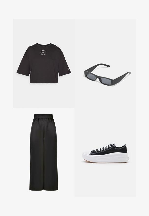 Melna apgriezta T-kreklis ar pārāk lielām piedurknēm. Uz priekša ir apļa forma balts logo un nelieli akcents uz piedurknēm. Kokvilnas maisījuma materiāls.; Melni plaši bikses, izgatavotas no gludas, spīdīgas auduma, ar elastīgu jostu un bez redzamām kabatām vai aparatūras detaļām.; Melni kanvas sporta apavi ar baltām šņorēm, baltu gumijas purngalu un masīvu baltu zoli. Iezīmējas ar smalku baltu šuvumu un gumiju zoli.; Melni taisnstūrveida saulesbrilles ar tumšiem stikliem un bieziem matētiem rāmiem. Rāmju kājas ir nedaudz sašaurinātas ar gludu tekstūru.