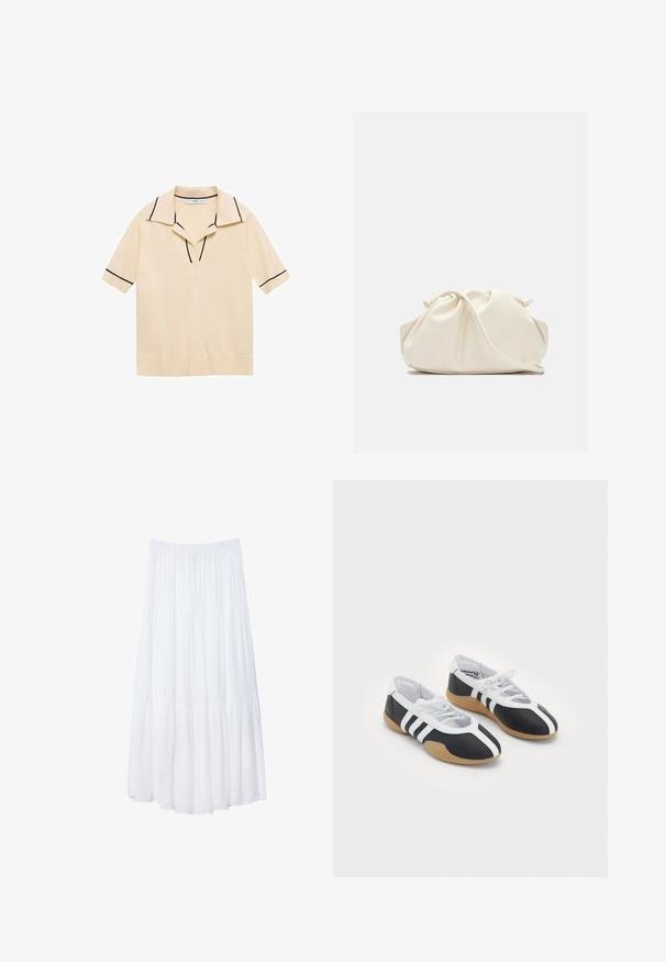 Polo-shirt crème à manches courtes avec un col en V profond, des bordures noires contrastées le long du col et des manches, et un tissu en tricot texturé.; Jupe maxi blanche à plusieurs niveaux, fabriquée en tissu léger. Elle présente une taille élastique et un design fluide avec une texture douce et subtile.; Baskets de sport noir et blanc au design élégant, semelle en caoutchouc, fermeture à lacets et trois rayures blanches sur les côtés.; Sac en cuir synthétique de couleur crème, doux, avec un design froncé, une bandoulière adjustable et une fermeture à cordon subtile. Texture lisse et forme arrondie.