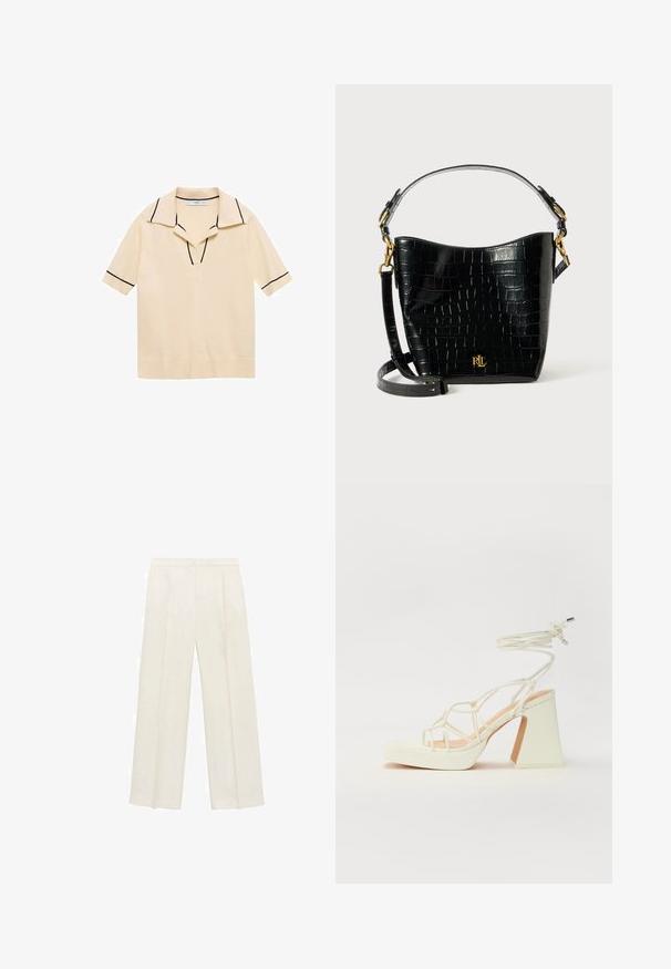 Kremna polo majica s kratkimi rokavi z globokim V-izrezom, kontrastnim črnim obrobo okoli ovratnika in rokavov ter teksturirano pletenino.; Hlače širokih nogavic v svetli kremni barvi. Narejene iz gladkega materiala s plitkimi naborki spredaj in stranskimi žepi.; Bela sandala na visokih petah s debelim petam, ki ima obliko trakcev in vezanje okoli gležnja. Gladka tekstura z platformo spredaj za dodatno višino.; Črna torbica iz usnja z embosiranim krokodiljim vzorcem, ukrivljene oblike, z zlatimi akcenti, nastavljivim trakom in podrobnostjo logotipa spredaj.