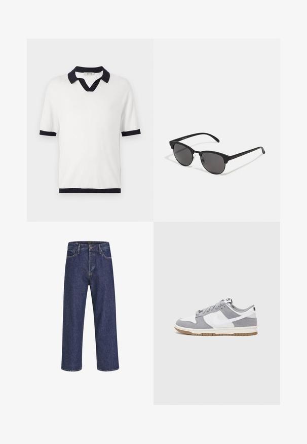 Polo shirt bianco a maniche corte con colletto e polsini blu navy. Presenta un design a V e una texture morbida. Etichetta del marchio visibile all'interno.; Jeans in denim blu scuro con taglio dritto, design a cinque tasche, chiusura con bottone in metallo e cuciture in contrasto, caratterizzati da una leggera trama.; Sneaker grigia e bianca con tomaia in suede e pelle, punta arrotondata, lacci piatti e soletta in gomma con un accento color caramello.; Occhiali da sole neri con lenti rotonde, finitura opaca e forma distintiva a occhio di gatto. Astine sottili con un branding discreto sulla tempia sinistra.